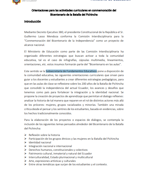 Orientaciones para las actividades curriculares en conmemoración del Bicentenario de la Batalla del Pichincha