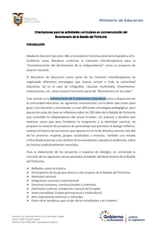 Orientaciones para las actividades curriculares en conmemoración del Bicentenario de la Batalla del Pichincha